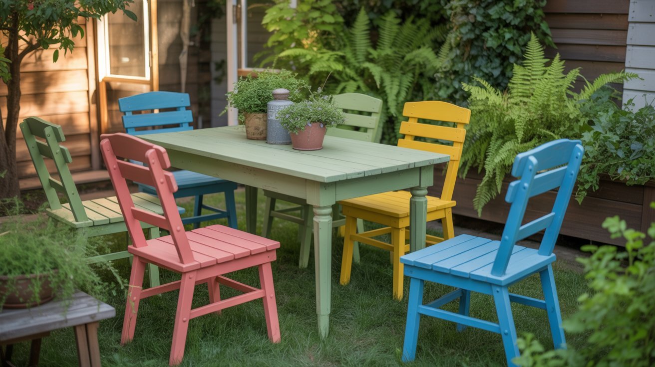 A pastel-painted garden table with multicolored chairs is surrounded by lush greenery and ferns, creating a cheerful and inviting outdoor setting.