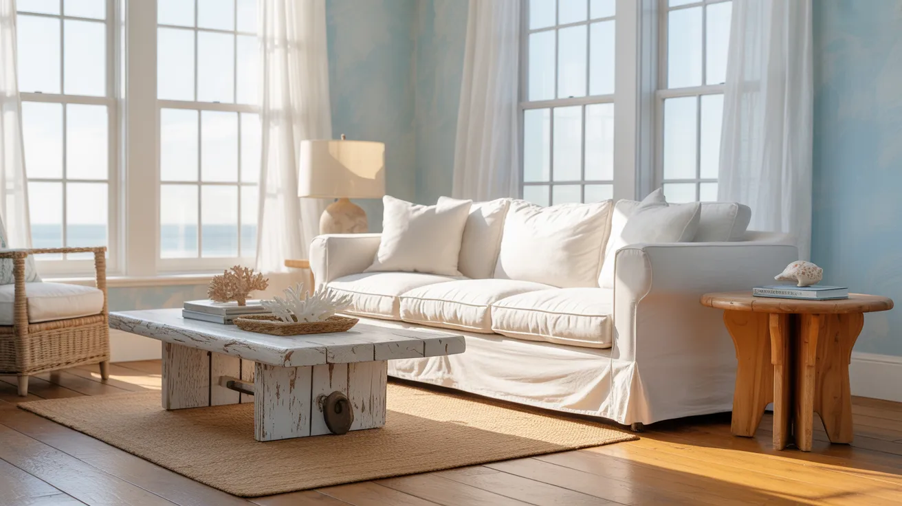 Bright coastal living room with large windows, a white sofa, rustic wood coffee table, wicker chair, and light wooden floors, evoking a serene atmosphere.