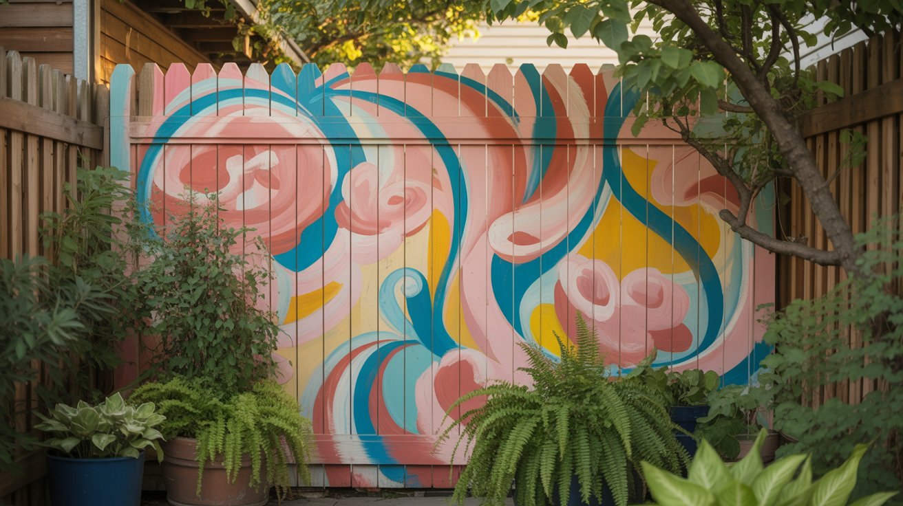 A colorful mural with swirling pink, blue, yellow, and white patterns adorns a wooden fence. Green plants and a tree frame the vibrant artwork, creating a lively and inviting garden scene.