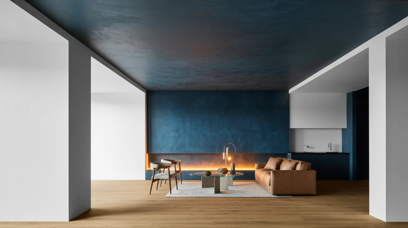 Modern living room with a blue accent wall and ceiling, tan leather sofa, sleek chairs, and minimalist decor on a light rug. Cozy, contemporary vibe.