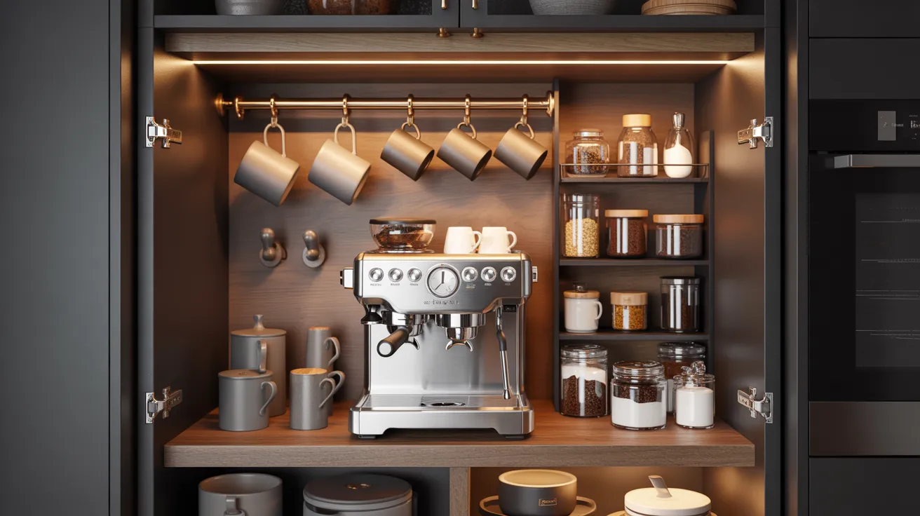 A kitchen featuring a coffee maker alongside various kitchen items and utensils on the countertop.