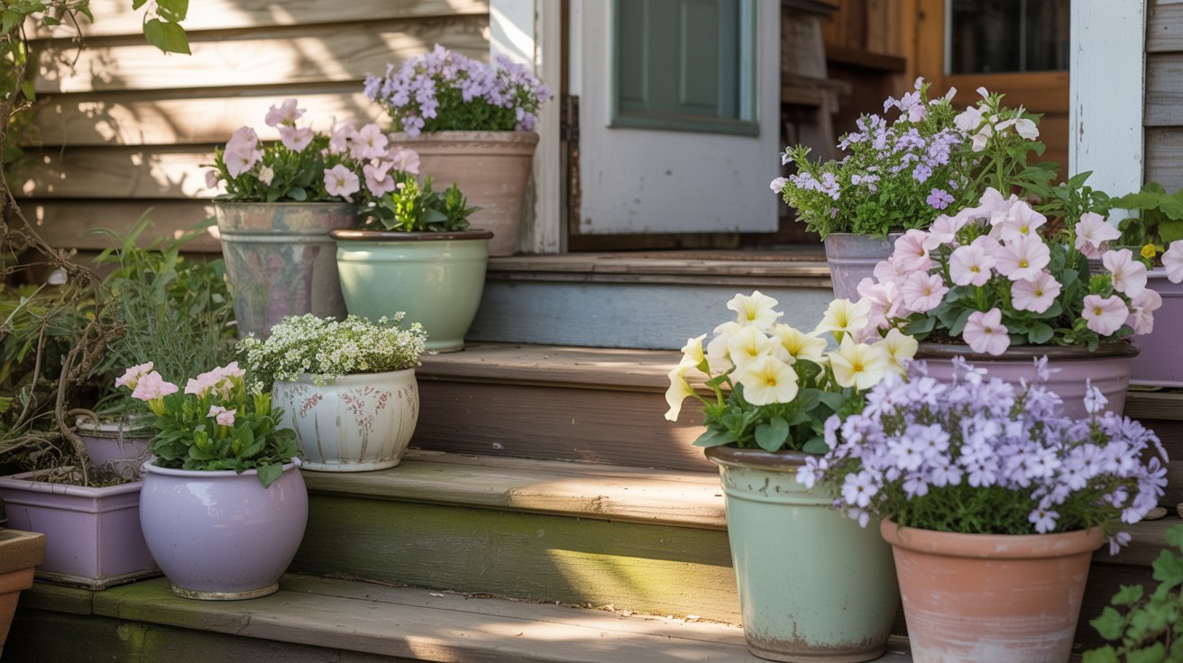 Potted flowers in pastel pots adorn wooden steps leading to a rustic home entrance. Sunlit blooms in pink, purple, and yellow create a welcoming, serene vibe.