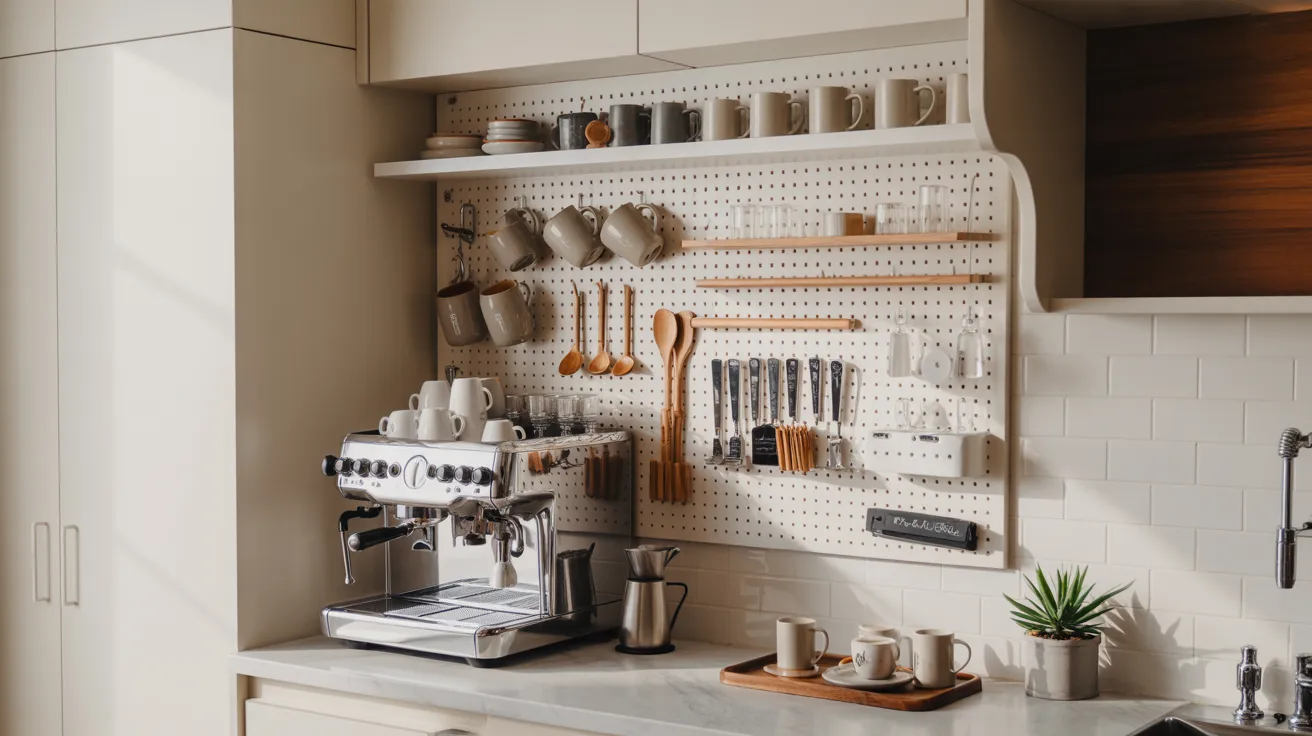 A kitchen featuring a coffee maker, various pots and pans, and a shelf filled with kitchen essentials.