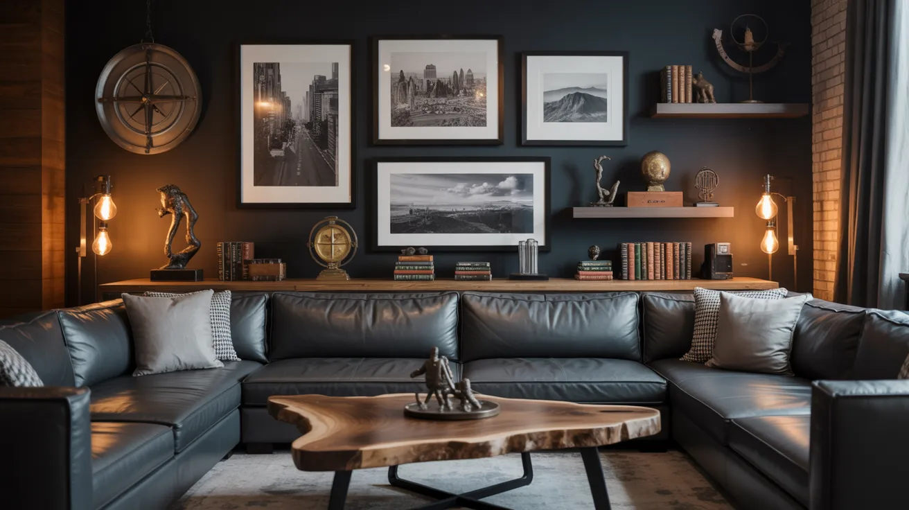 A modern living room featuring black walls and sleek leather couches, creating a stylish and contemporary atmosphere.