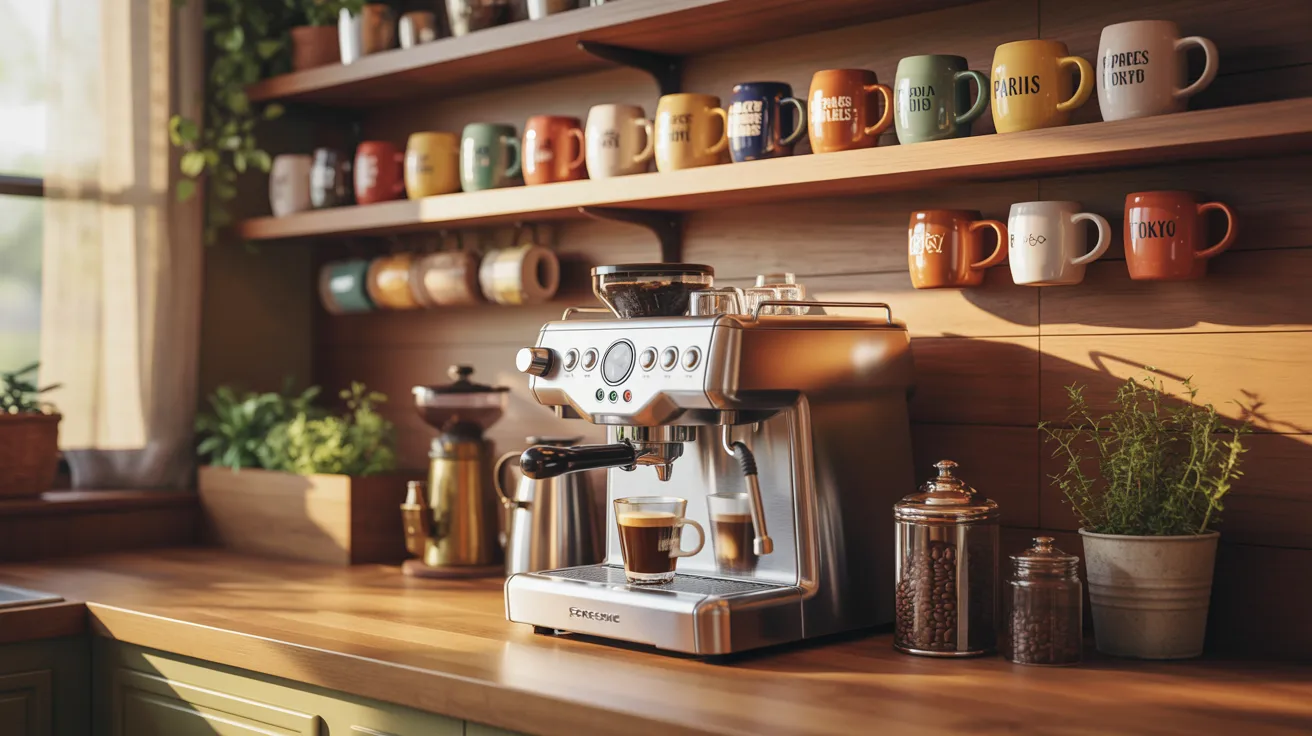A coffee maker positioned on a counter next to a shelf with various kitchen supplies
