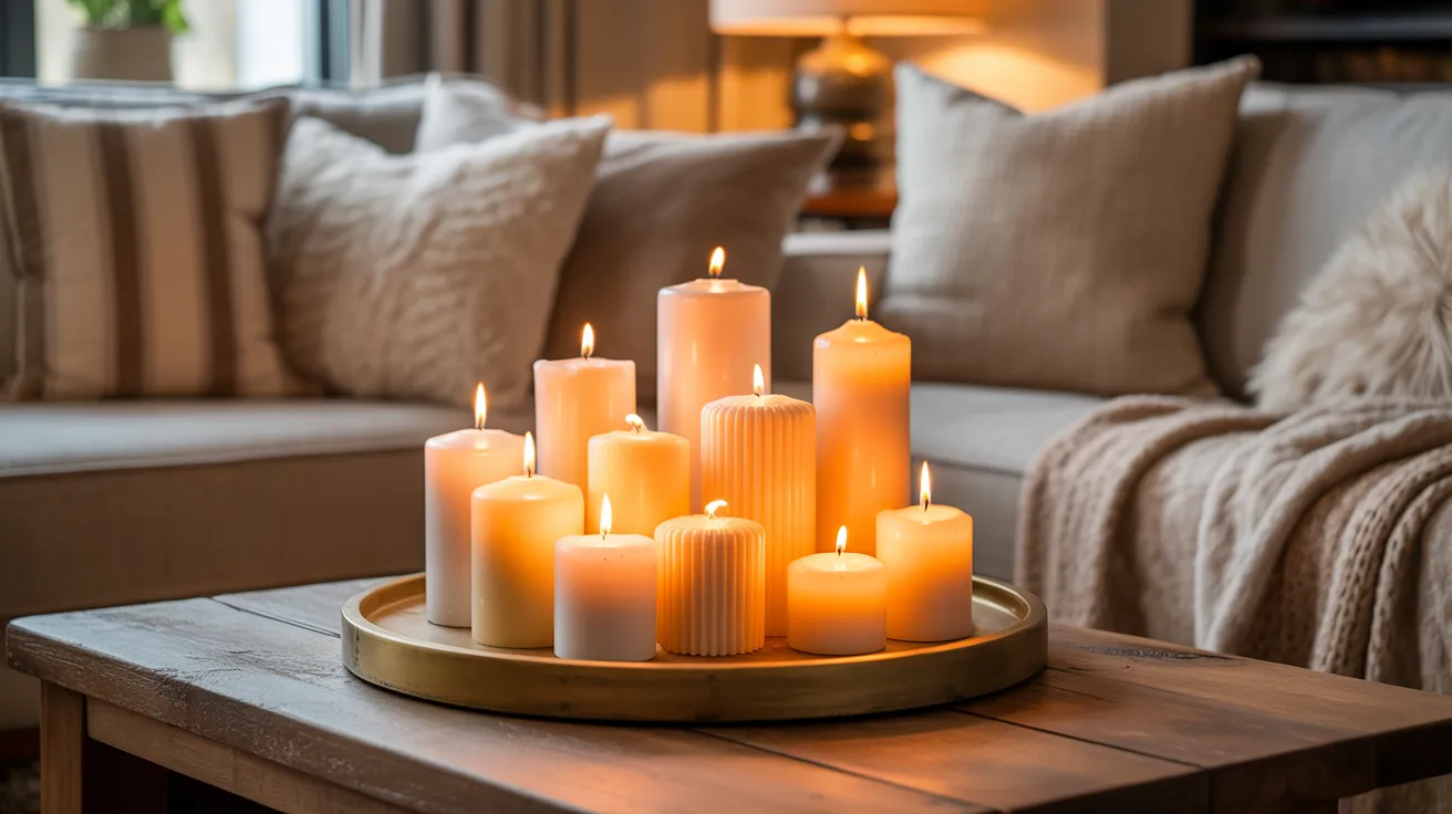 A table in a living room adorned with several lit candles, creating a warm and inviting atmosphere.