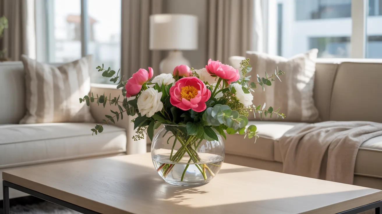 A vase of colorful flowers on a table in front of a couch, creating a cozy and inviting living room atmosphere.
