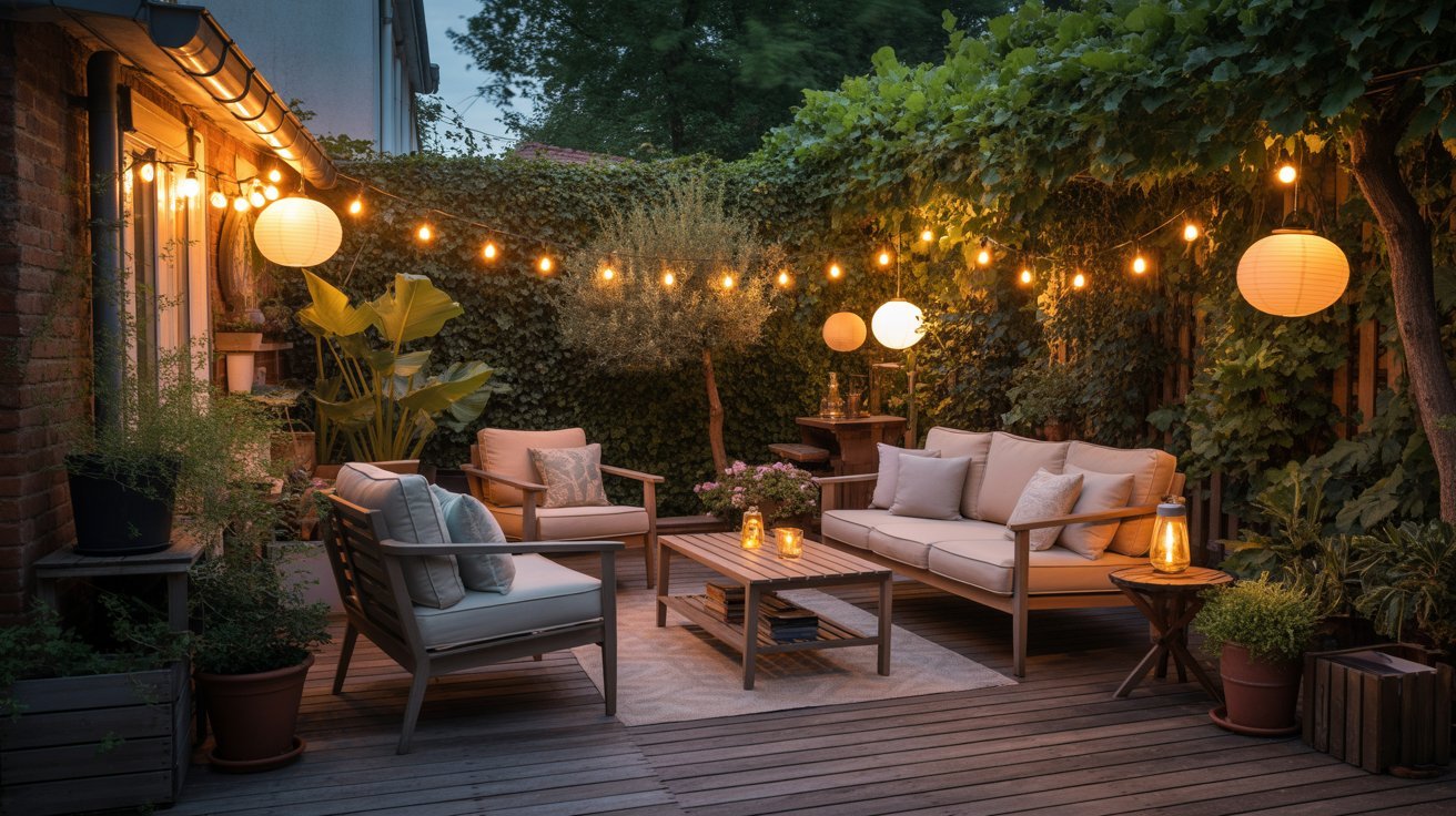 Cozy patio with wooden furniture, string lights, and lanterns. Surrounded by lush greenery, it creates a warm, inviting atmosphere for relaxation.