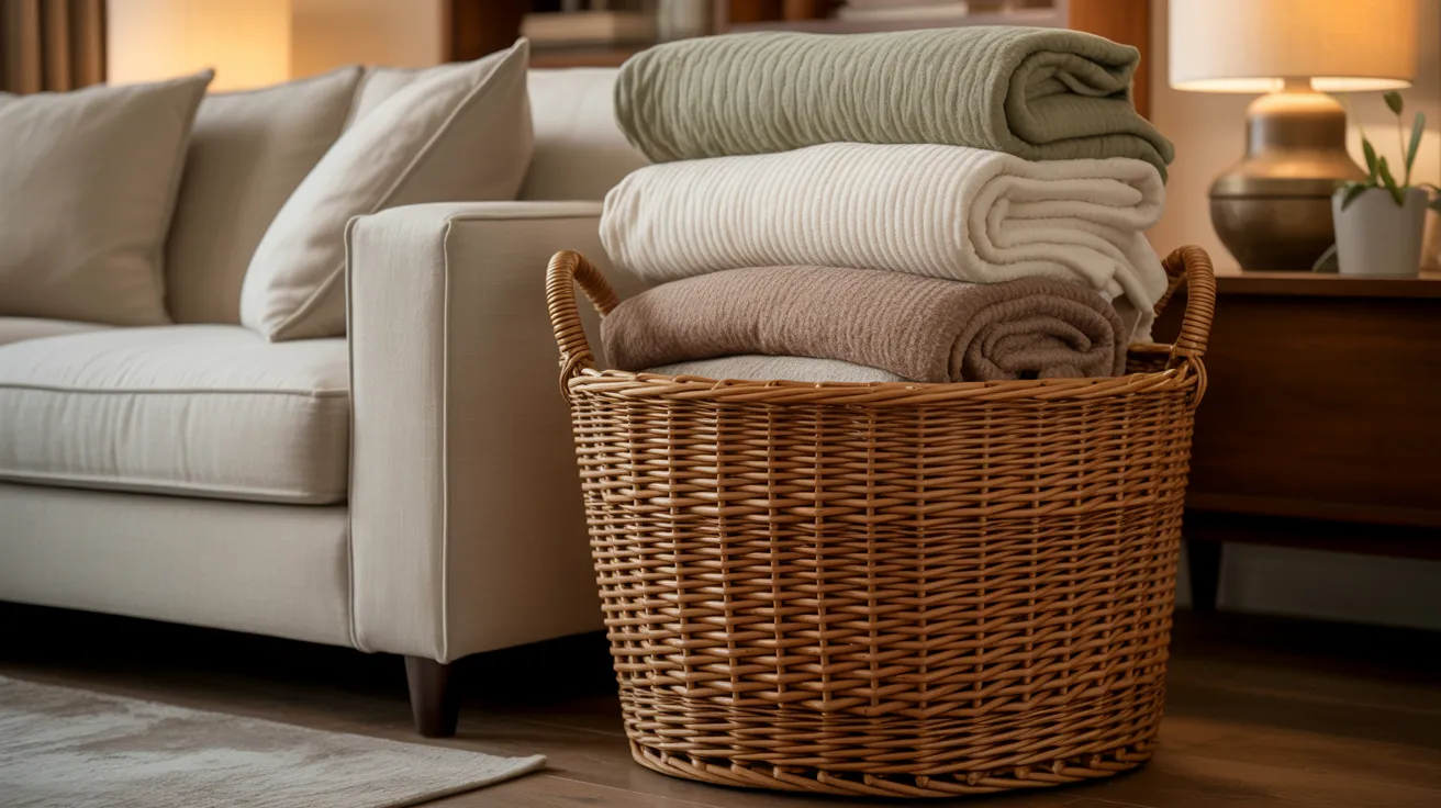 A cozy living room scene with folded blankets in a wicker basket, beside a cream-colored sofa. A table lamp casts a warm glow, enhancing the inviting ambiance.