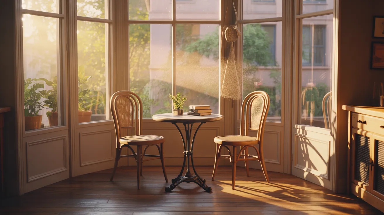  A table and chairs positioned in front of a large window, allowing natural light to fill the space.