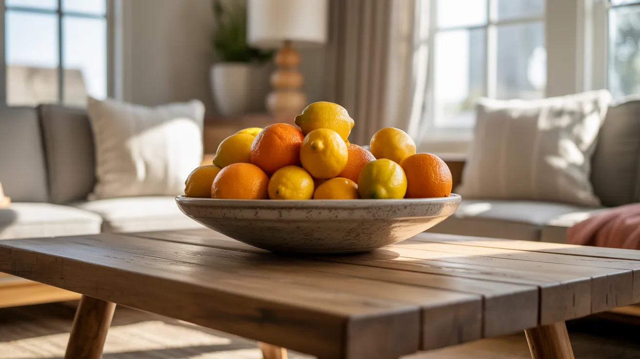 A bowl of oranges sits on a table in a cozy living room, surrounded by warm lighting and comfortable furnishings.