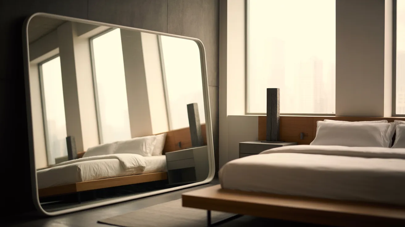 Sleek bedroom with a large mirror reflecting a modern bed, neutral tones, and a tall window. The room feels calm and minimalist, bathed in soft light.