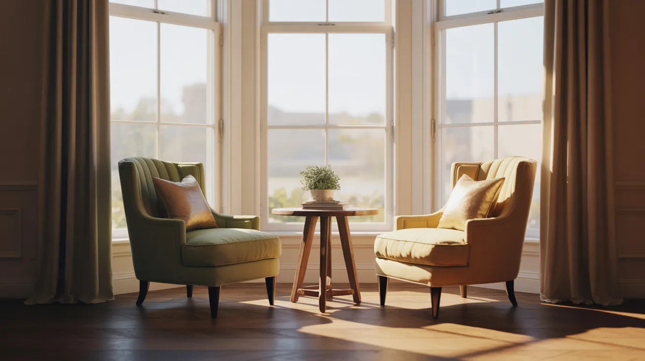  Two chairs are positioned in front of a window, accompanied by a small table between them.