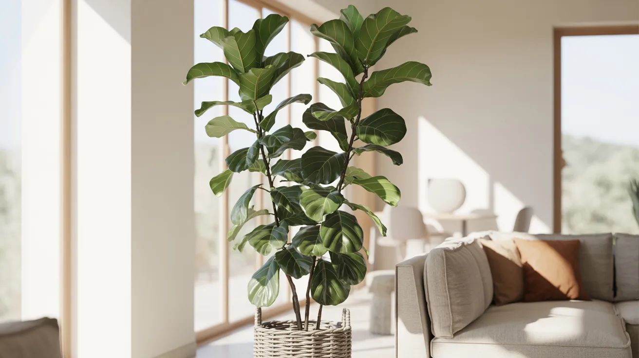 A large green plant in a wicker basket, positioned in a cozy living room setting
