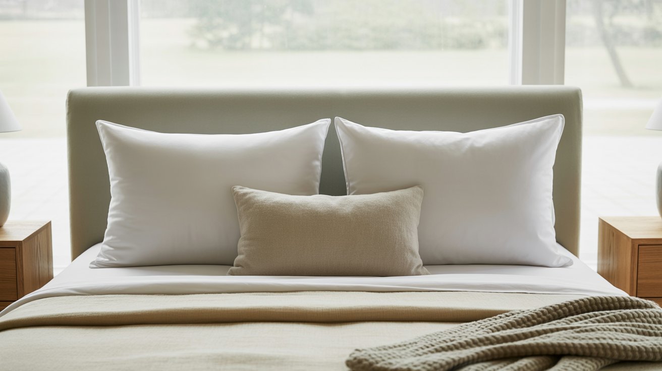 A neatly made bed with two large white pillows and a smaller beige pillow. A beige blanket is spread across the bed, flanked by wooden nightstands, creating a cozy atmosphere.