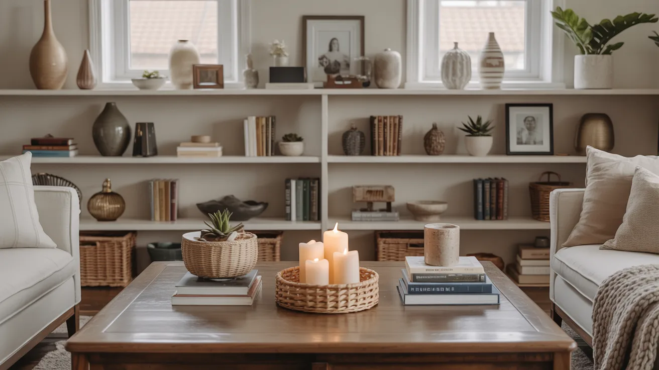 A bright living room featuring white furniture and filled bookshelves, creating a cozy and inviting atmosphere.