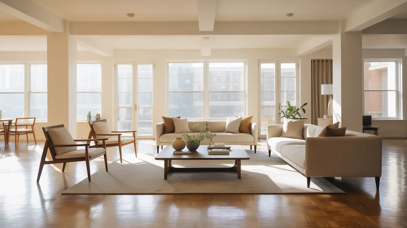 A spacious living room featuring a large window and an arrangement of various furniture pieces.