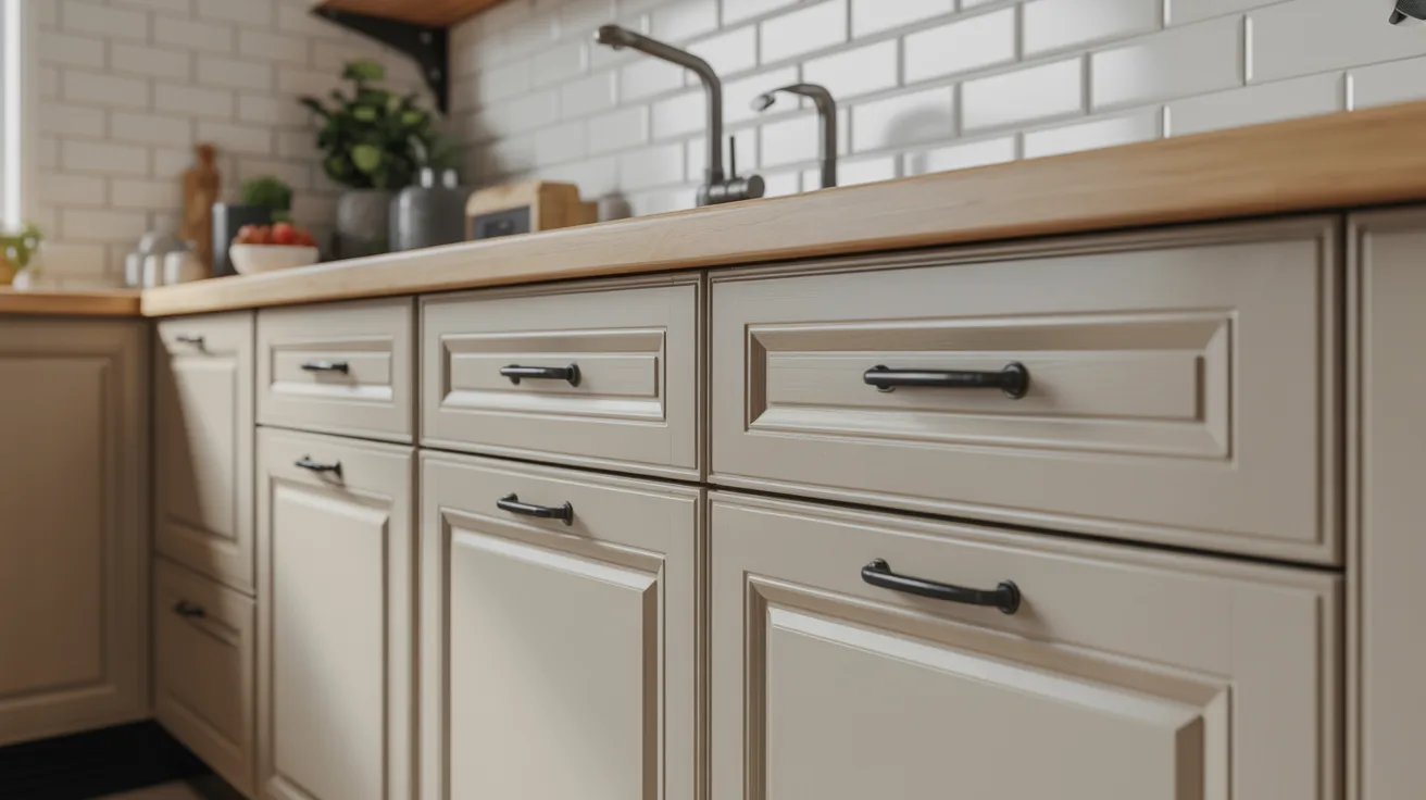 Modern kitchen with beige cabinets, black handles, and a wooden countertop. White subway tile backsplash adds a clean, minimalist feel.