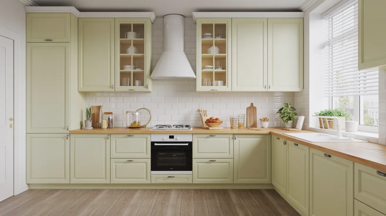 Bright kitchen with pastel green cabinets, wooden countertops, and a white tile backsplash. Sunlight streams through a window, creating a cozy atmosphere.