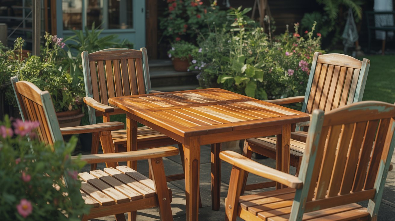 Wooden patio table surrounded by four matching chairs on a sunlit deck, with a lush garden of green plants and colorful flowers in the background.
