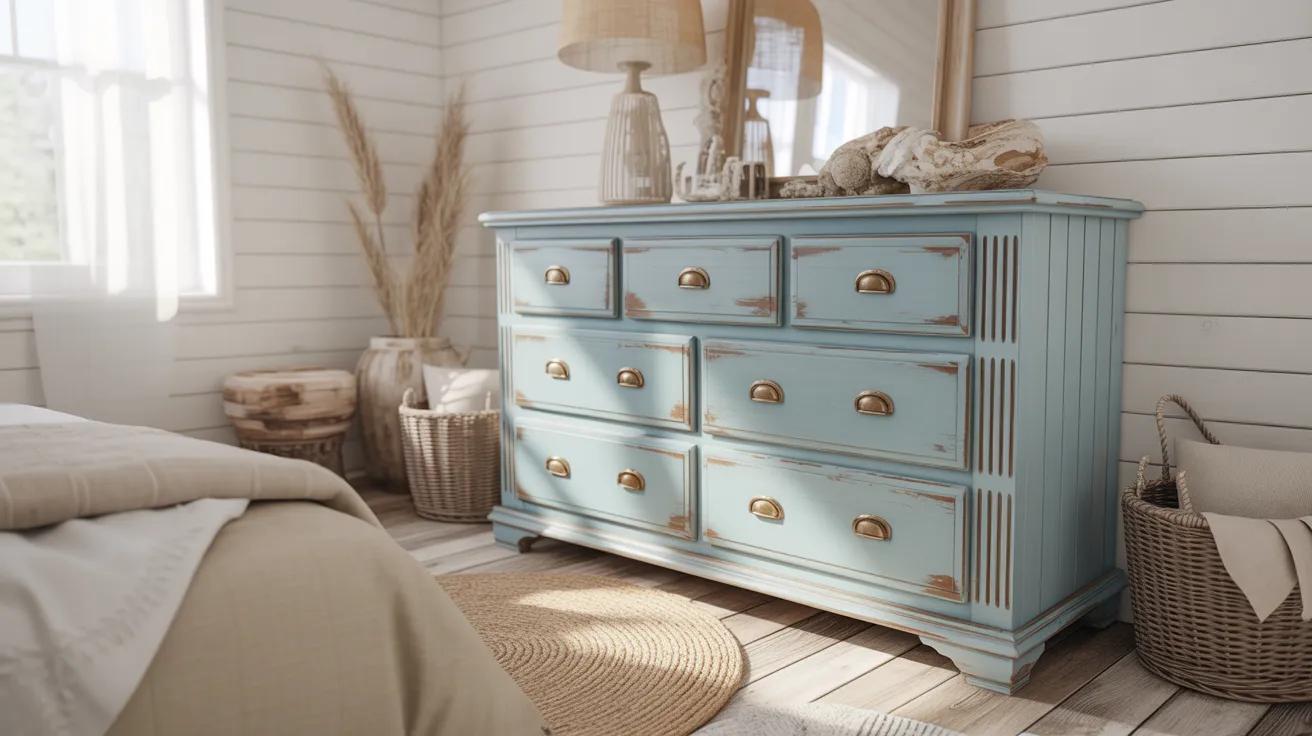 A cozy, sunlit bedroom with a distressed blue dresser featuring brass handles. Rustic decor includes woven baskets, a lamp, and seashells, creating a serene coastal vibe.