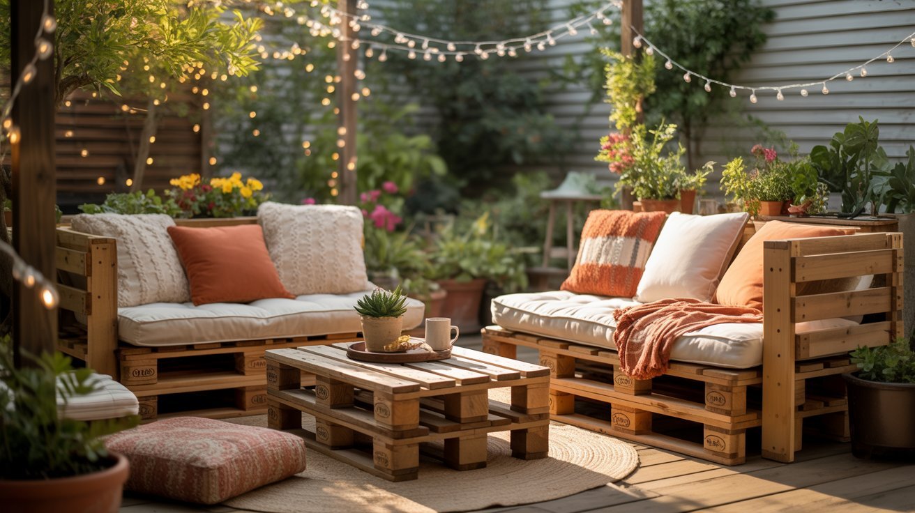 Cozy patio with pallet furniture, colorful cushions, and a wooden table, surrounded by lush plants and string lights, creating a warm, inviting atmosphere.