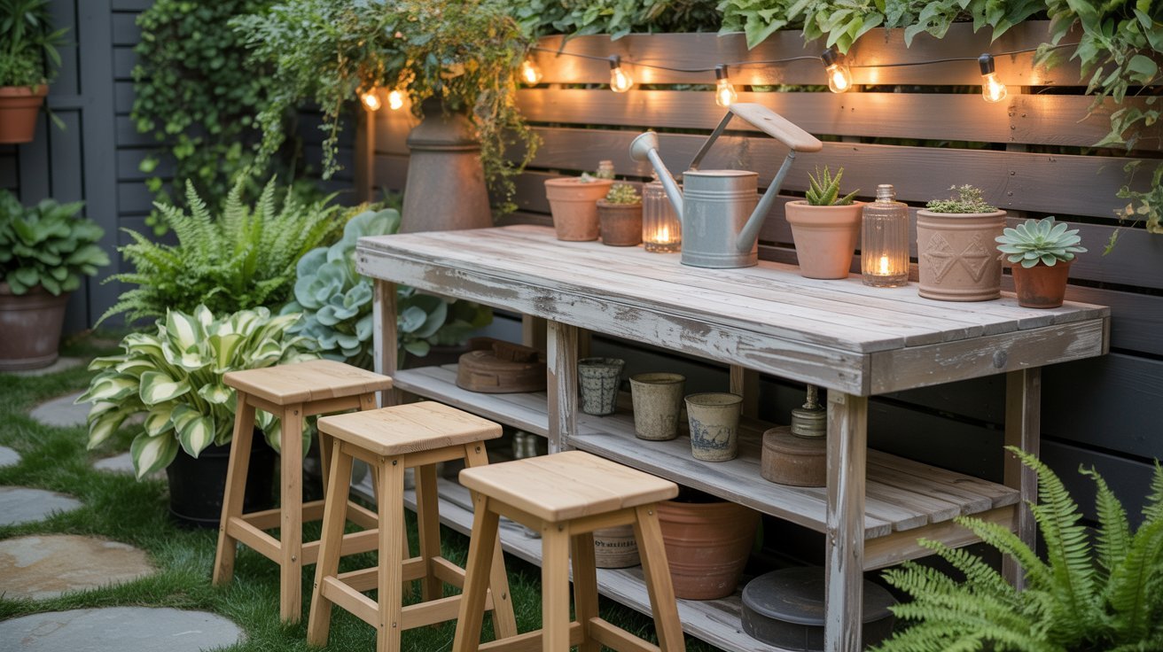 A charming garden scene with a rustic wooden table against a gray fence, adorned with potted plants. Warm string lights create a cozy evening ambiance.