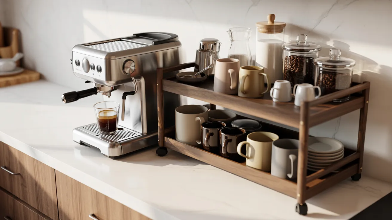 A countertop featuring a coffee maker and assorted kitchen utensils and appliances.