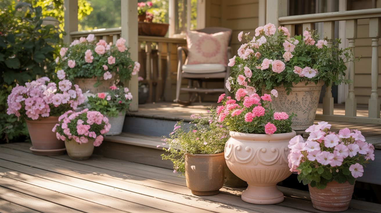 A wooden porch adorned with pots of blooming pink flowers. A cozy chair with a decorative pillow sits in the background, creating a serene, inviting atmosphere.