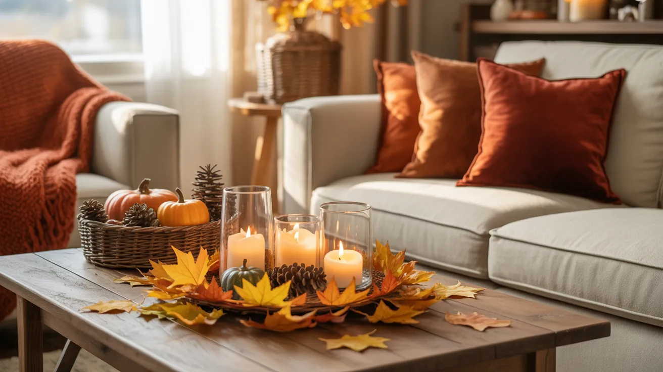 A cozy living room featuring a table adorned with candles and autumn-themed decorations.