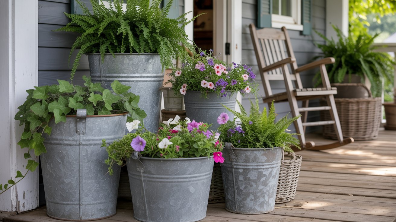 Potted plants in gray metal buckets sit on a wooden porch. A rocking chair and baskets add a cozy touch, with vibrant flowers and ferns enhancing the scene.