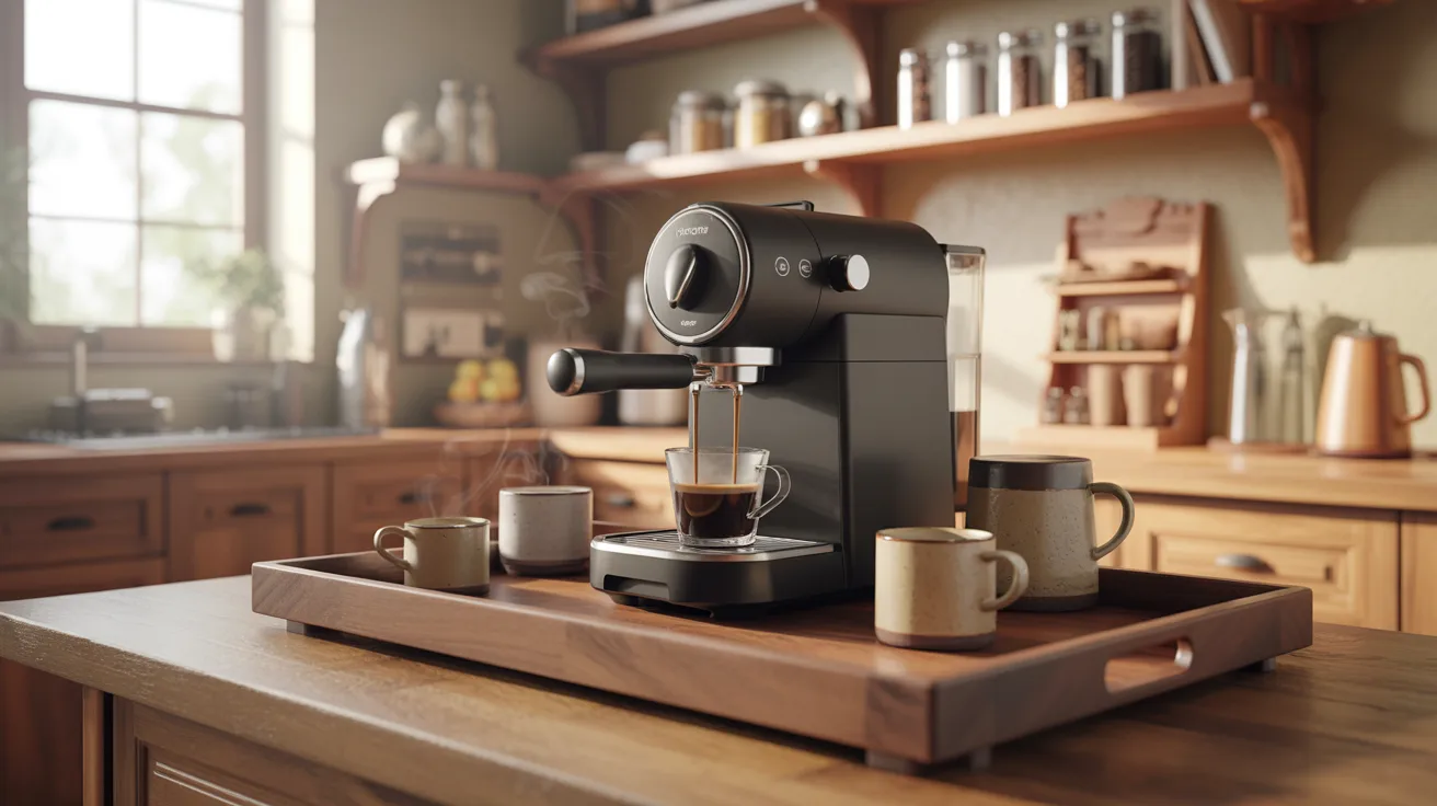 A sleek black espresso machine sits on a wooden tray in a cozy kitchen. Steam rises from a glass cup, surrounded by ceramic mugs, evoking warmth.