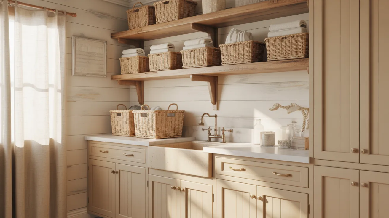 A tidy laundry room featuring wooden shelves, a sink, and organized space for washing and drying clothes.