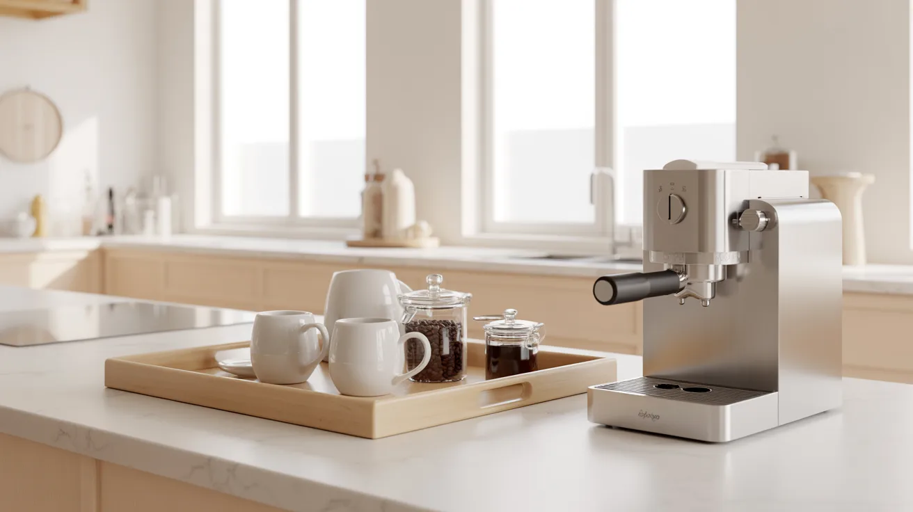 A sleek espresso machine sits on a bright kitchen counter, next to a tray with two mugs and jars of coffee ingredients, conveying a modern, inviting atmosphere.