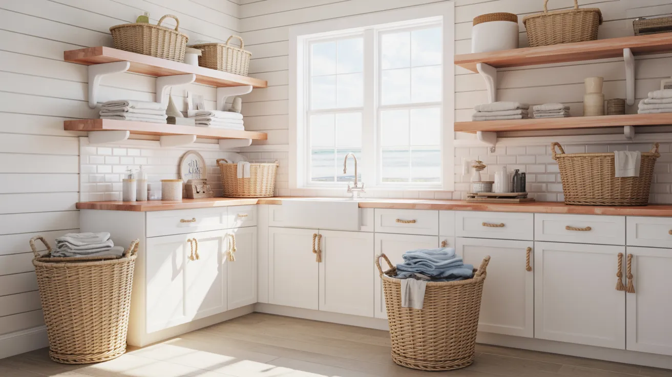 Bright laundry room with white shiplap walls, wooden countertops, wicker baskets, and open shelving. Sunlight streams through a window, creating a serene, organized space.