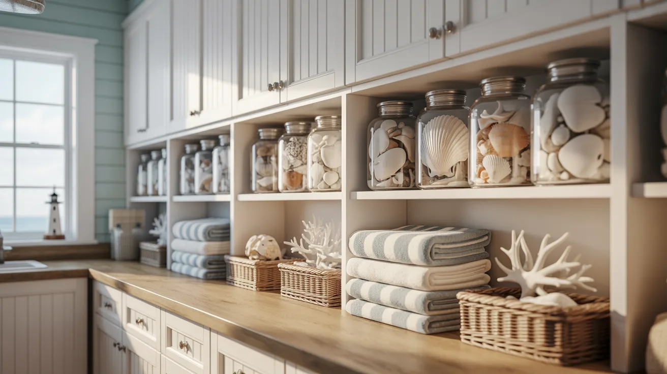 Coastal-themed room with jars of seashells on shelves, striped towels, and wicker baskets. Sunlight streams through a window, creating a serene, beachy vibe.