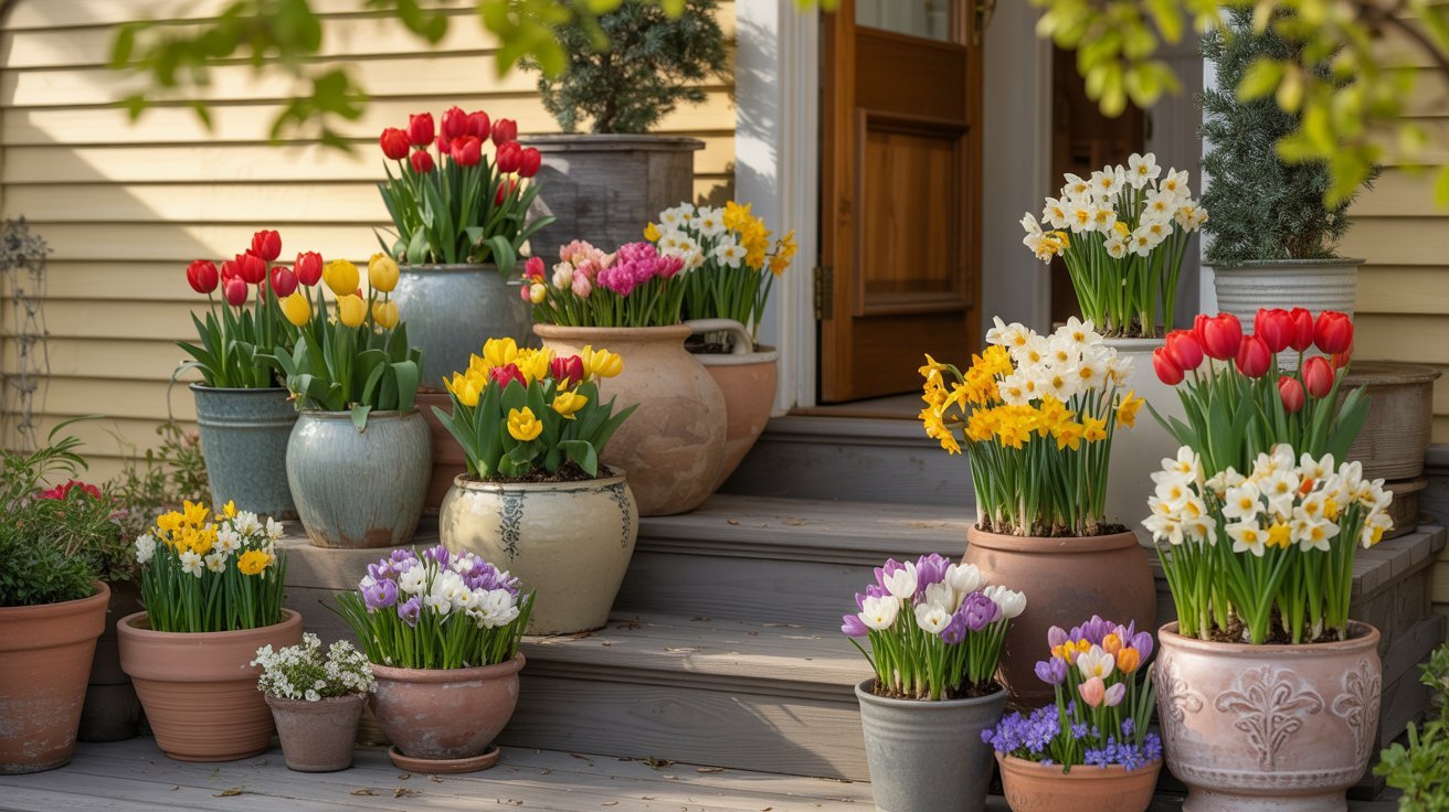 Pots of vibrant tulips, daffodils, and hyacinths adorn wooden steps leading to a yellow house. The scene conveys a cheerful, springtime atmosphere.
