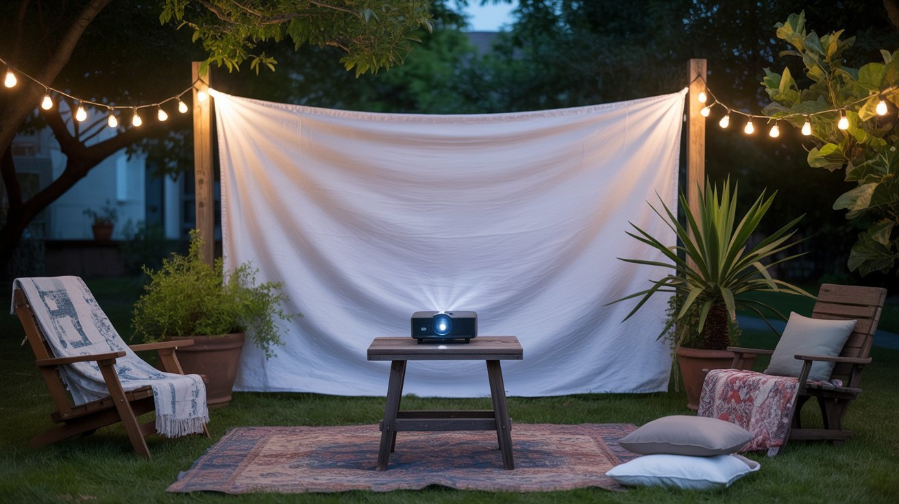 A cozy outdoor movie setup features a projector on a table, a white sheet screen, string lights, two chairs, cushions, and potted plants on a grass lawn.