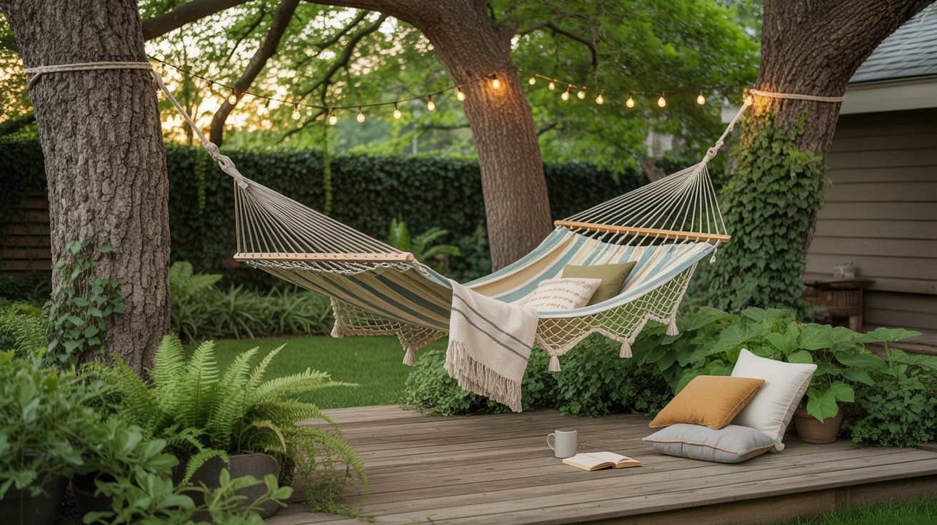 A cozy backyard scene with a hammock strung between two trees, draped with a blanket. Nearby, cushions and a mug rest on a wooden deck. Soft lighting and lush greenery create a peaceful atmosphere.