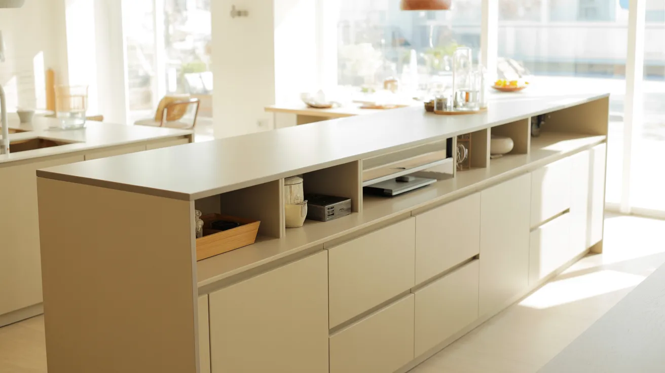 A modern, minimalist kitchen island with open shelves and sleek beige cabinetry under bright natural light. The design is airy and organized, evoking calmness.