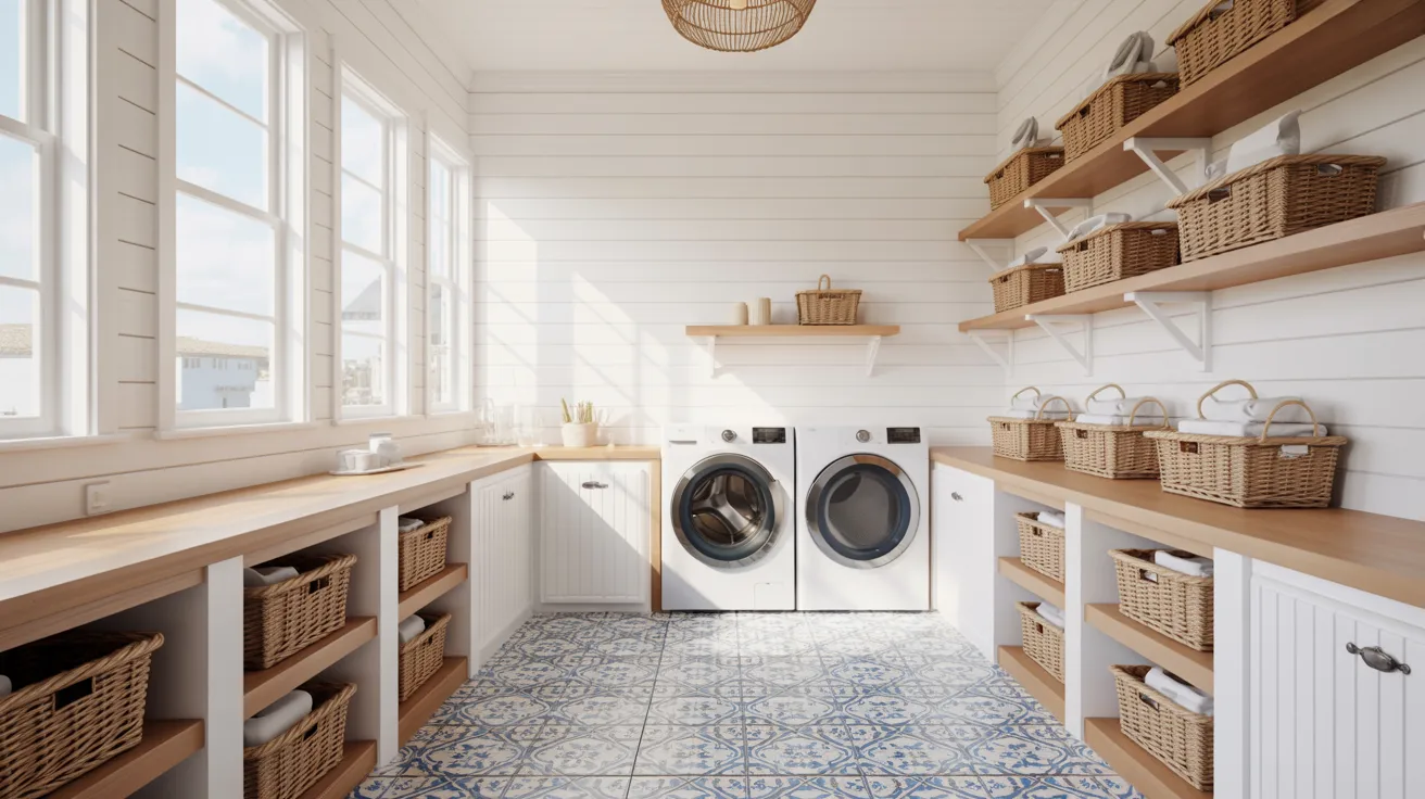Bright, organized laundry room with white walls, wooden shelves, wicker baskets, and patterned blue tiles. Sunlight streams through large windows.