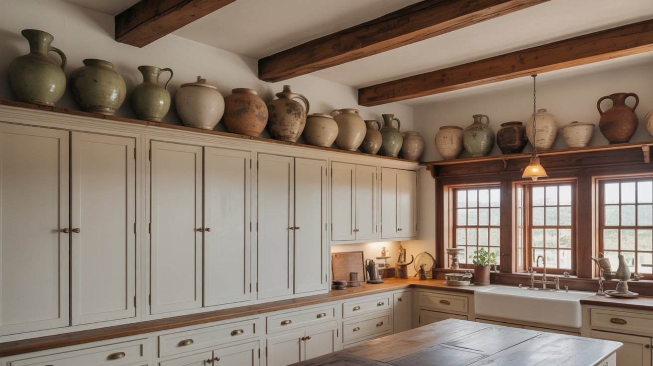 A rustic kitchen with wooden beams and cream cabinets, topped with rows of large ceramic jugs. Sunlight streams through two windows above a farmhouse sink.
