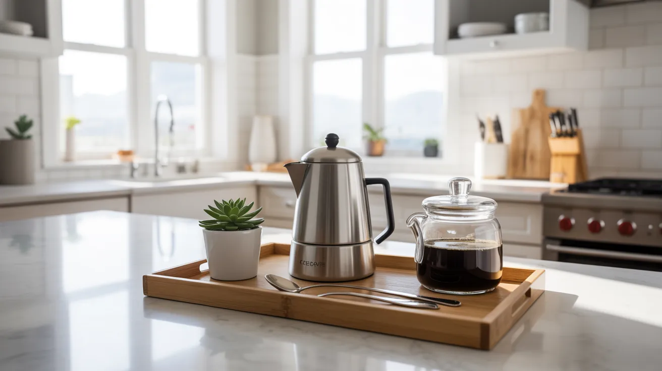 A well-lit kitchen with a wooden tray on a marble counter, holding a stainless steel coffee pot, a glass jar of coffee, a succulent plant, and two spoons.