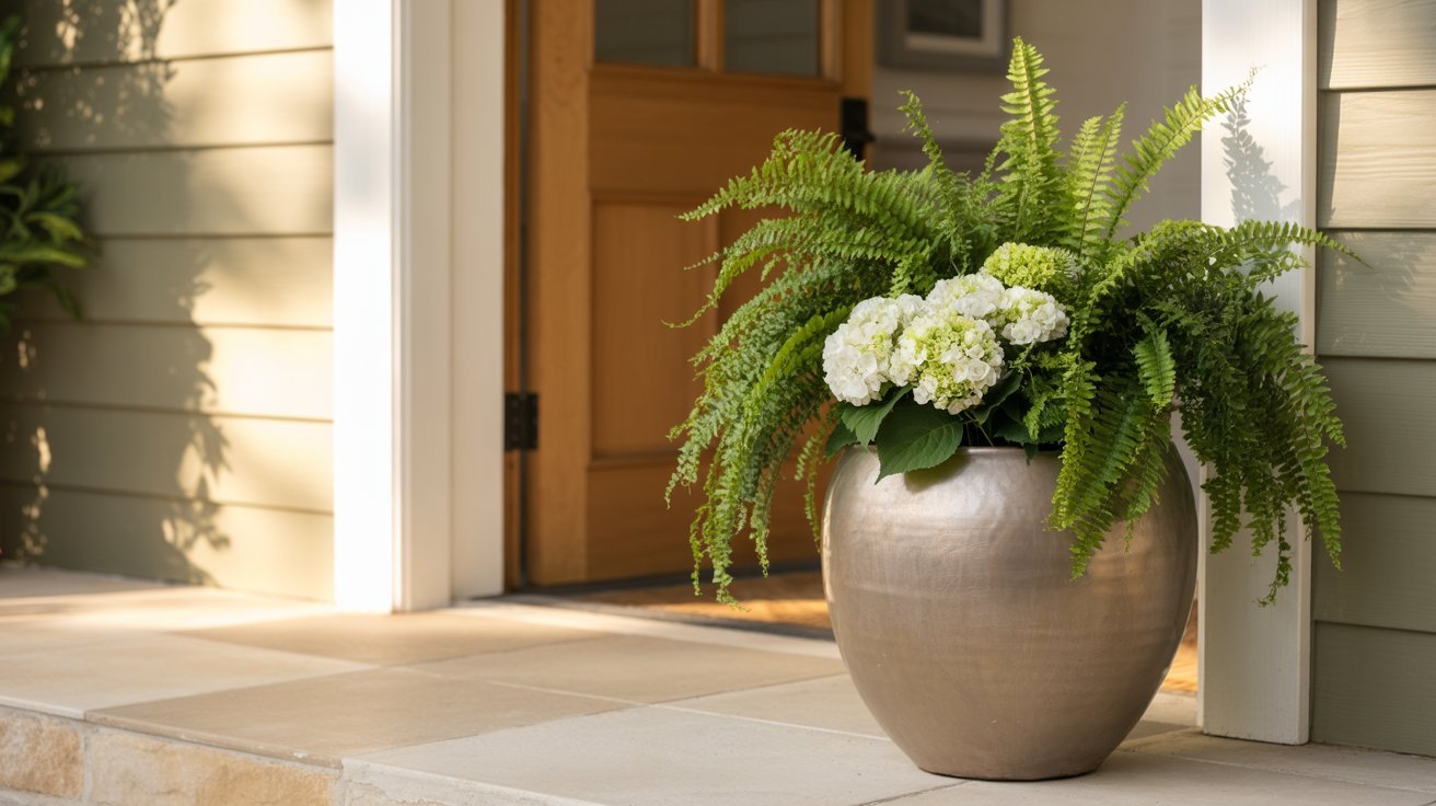 A large, beige planter filled with lush green ferns and white hydrangeas sits on a sunlit porch with light stone tiles, beside a wooden door. Calm, welcoming tone.