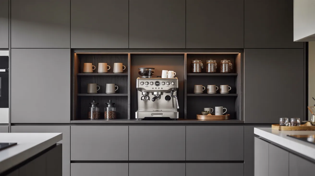 Modern kitchen with dark cabinetry featuring a central alcove housing a silver espresso machine. Shelves hold mugs and jars, creating a sleek, organized look.