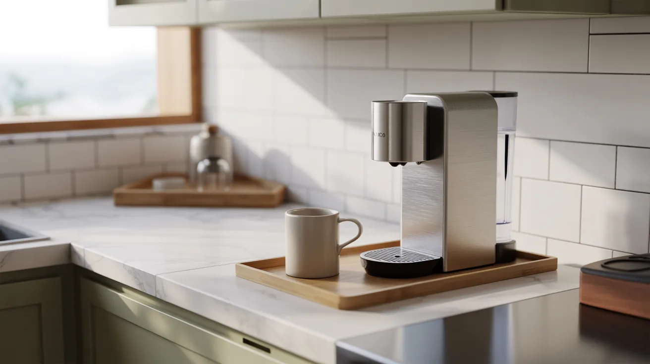 A modern coffee maker stands on a wooden tray in a sunlit kitchen with white subway tiles. A ceramic mug sits beside it, creating a cozy, inviting scene.