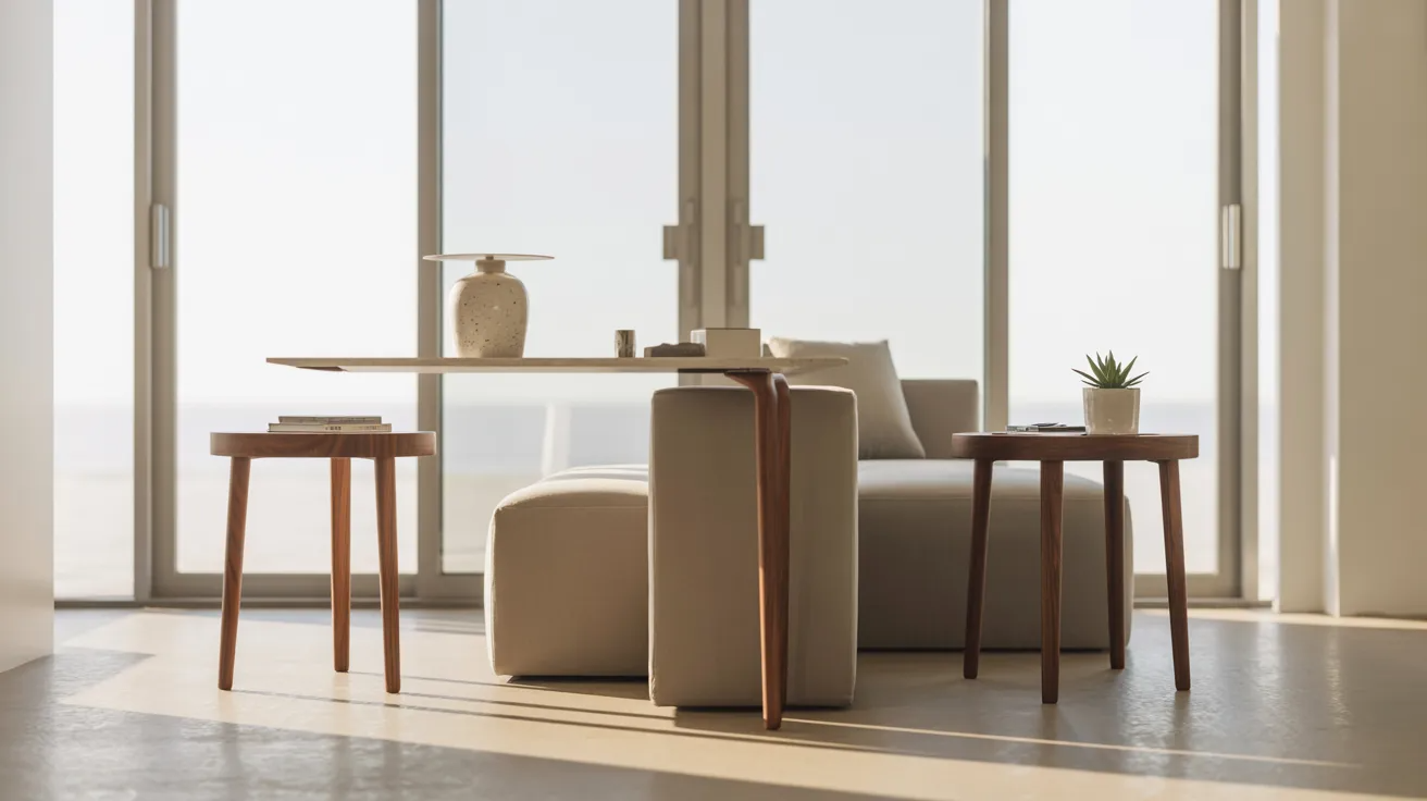 Modern living room with a minimalist design. Beige sofa, two wooden side tables with a lamp and cactus, and large windows creating a serene ambiance.
