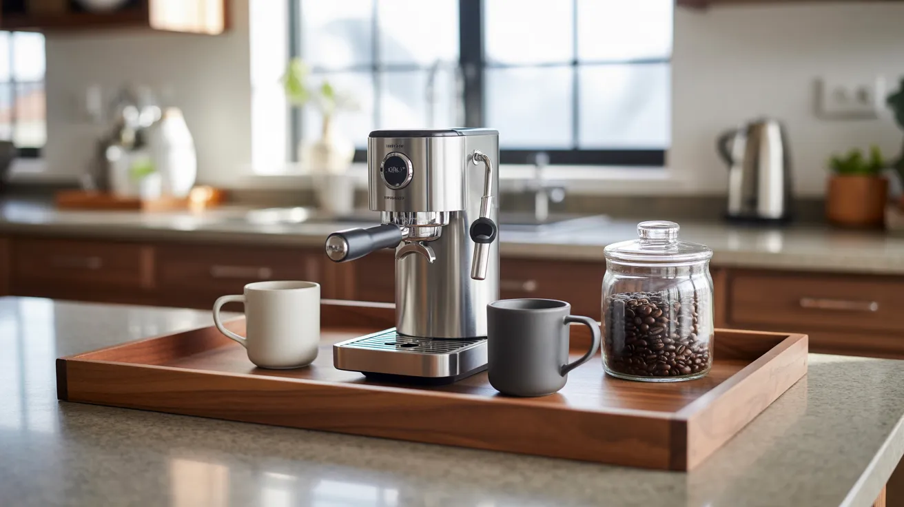 SA sleek espresso machine sits on a wooden tray with two mugs and a jar of coffee beans. The kitchen setting is modern and softly illuminated.