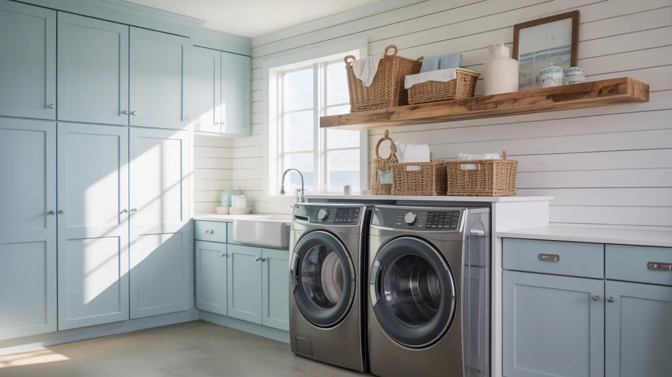A bright, airy laundry room with pastel blue cabinets, stainless steel washer and dryer, and wicker baskets on a wooden shelf. Sunlight streams through a window.