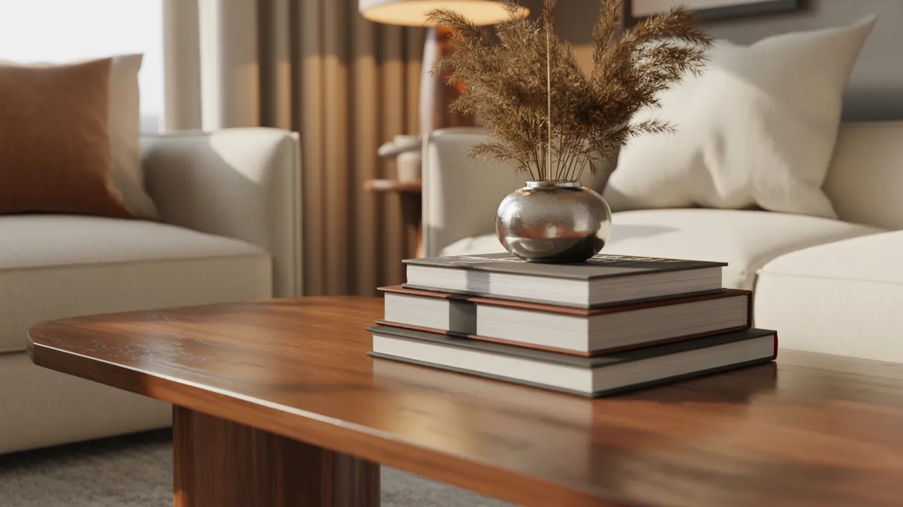 A wooden table displaying several books and a decorative vase filled with flowers.